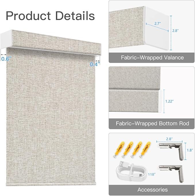 Tokblind Motorized Blackout Roller Shade Fabric Covered Valance and Bottom Rod, Remote Control Electric Window Blind Compatible with Alexa Google via Hub, Custom Size (Beige - Wrapped Fabric)