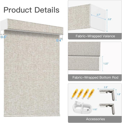 Tokblind Motorized Blackout Roller Shade Fabric Covered Valance and Bottom Rod, Remote Control Electric Window Blind Compatible with Alexa Google via Hub, Custom Size (Beige - Wrapped Fabric)