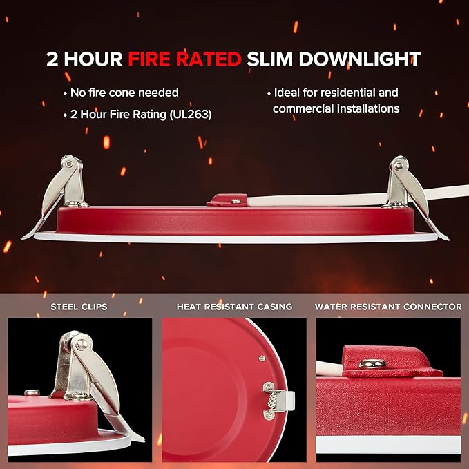 Maxxima 6 in. 2 Hour Fire Rated Ultra Thin LED Downlight, Slim Recessed Canless Light, IC Rated, 1100 Lumens, 5 Color Temperature Selectable 2700K/3000K/3500K/4000K/5000K, Dimmable, J-Box Included