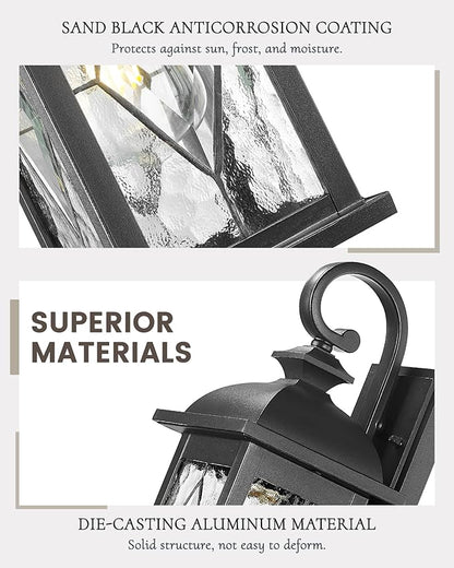 FEMILA 15" Exterior Wall Sconce, 2-Pack Outdoor Waterproof Wall Lights Fixture, Anti-Rust Matte Black Finish with Water Ripple Glass,4FD54B-2PK BK-SD