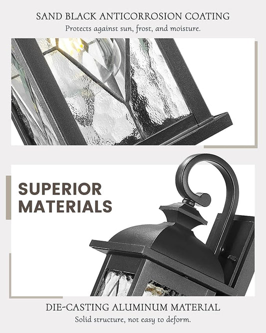 FEMILA 15" Exterior Wall Sconce, 2-Pack Outdoor Waterproof Wall Lights Fixture, Anti-Rust Matte Black Finish with Water Ripple Glass,4FD54B-2PK BK-SD
