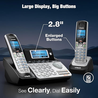 VTech DS6151-2 2-Line Expandable Cordless Phone System with 2 Handsets, Digital Answering System, Caller ID, DECT 6.0 - Home & Small Business (Black/Silver)