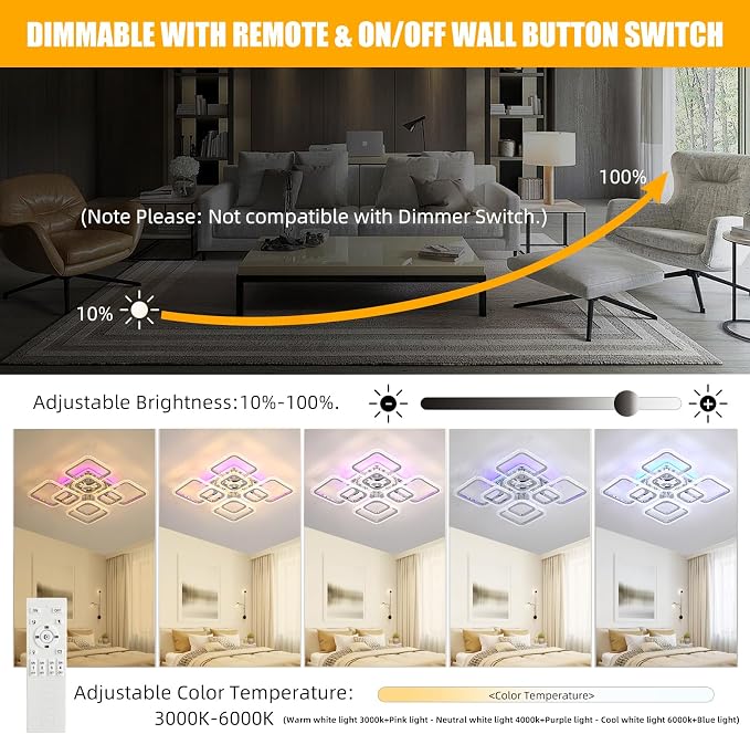 Modern 80W LED Ceiling Light, 8-Square Dimmable Flush Mount, Chrome | 4800LM with Remote, 3000K-6000K, Modern Ceiling Light Fixture for Living Room, Bedroom, Dining Room, Kitchen, Hallway