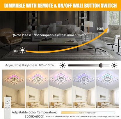 Modern 80W LED Ceiling Light, 8-Square Dimmable Flush Mount, Chrome | 4800LM with Remote, 3000K-6000K, Modern Ceiling Light Fixture for Living Room, Bedroom, Dining Room, Kitchen, Hallway