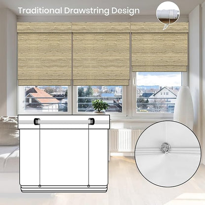 Motorized Roman Shades with Remote,Wooden Blinds Compatible with Alexa/Google/Apple Homekit,Natural Woven Wood Blinds,Customized Size,Crocheting Pale Yellow