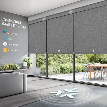 Motorized Blinds with Remote, Smart Blinds with Solar Panel, Cordless Blackout Automatic Shades with Matter Motor, Grey, 35×72