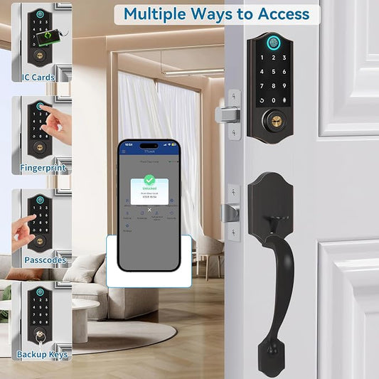 Fingerprint Smart Door Lock for Front Door with Handle Set, App Control, Keyless Entry Keyless Deadbolt, Digital Electronic Touchscreen Keypad, Auto Lock, Aged Bronze
