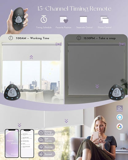 Graywind Motorized Roller Shade Work with Alexa Google 100% Blackout Rechargeable Smart Blinds Remote Control Battery Motor Cordless Window Shades, Customized Size (Bright White)