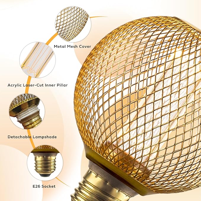 Unique Fancy Vintage Decorative LED Bulb, Special Gold Mesh Globe Edison Light,Dimmable Cozy Glow for Art Decor, E26 Base, 3.5W Cozy Warm White 2200k, Energy Efficient
