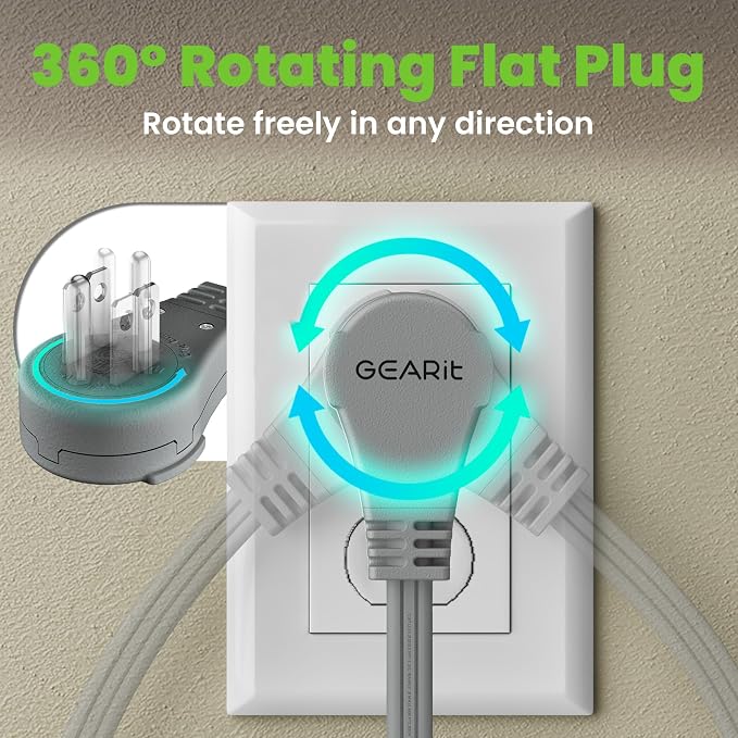 GEARit 4 ft 360° Rotating Flat Plug Extension Cord, 3 Outlet Low Profile Power Cord, 16 AWG 13A 3 Prong Grounded Indoor Cord, ETL Listed, Space-Saving for Furniture, Grey