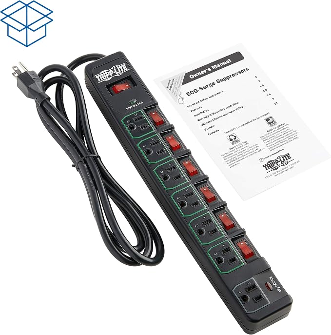 Tripp Lite 7 Outlet (6 Individually Controlled) Surge Protector Power Strip, 6ft Cord, Black, Lifetime Limited Warranty & 25K Insurance (TLP76MSGB)