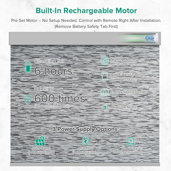 Motorized Roller Shades, Light Filtering Remote Control Custom Window Shades Compatible with Alexa Google Assistant via RF Hub, Rechargeable Electric Blinds for Windows (Texture Black Grey)