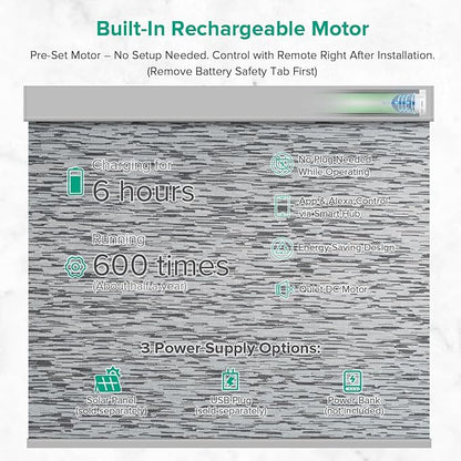 Motorized Roller Shades, Light Filtering Remote Control Custom Window Shades Compatible with Alexa Google Assistant via RF Hub, Rechargeable Electric Blinds for Windows (Texture Black Grey)