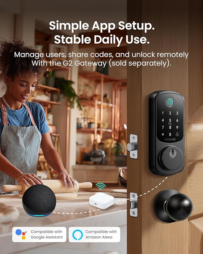 DESLOC B200 Fingerprint Smart Lock with 2 Knobs, Keyless Entry Front Door Lock Set, Electronic Keypad Deadbolt, App Control, Auto Lock, Long Battery Life,Matte Black