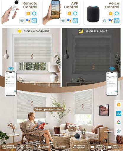 Kincmo Motorized Cellular Shades, Custom Motorized Blinds with Remote, Cordless Smart Electric Honeycomb Blinds Work with Apple HomeKit, Alexa, Google (75%-Blackout-Single-Cell Cream)