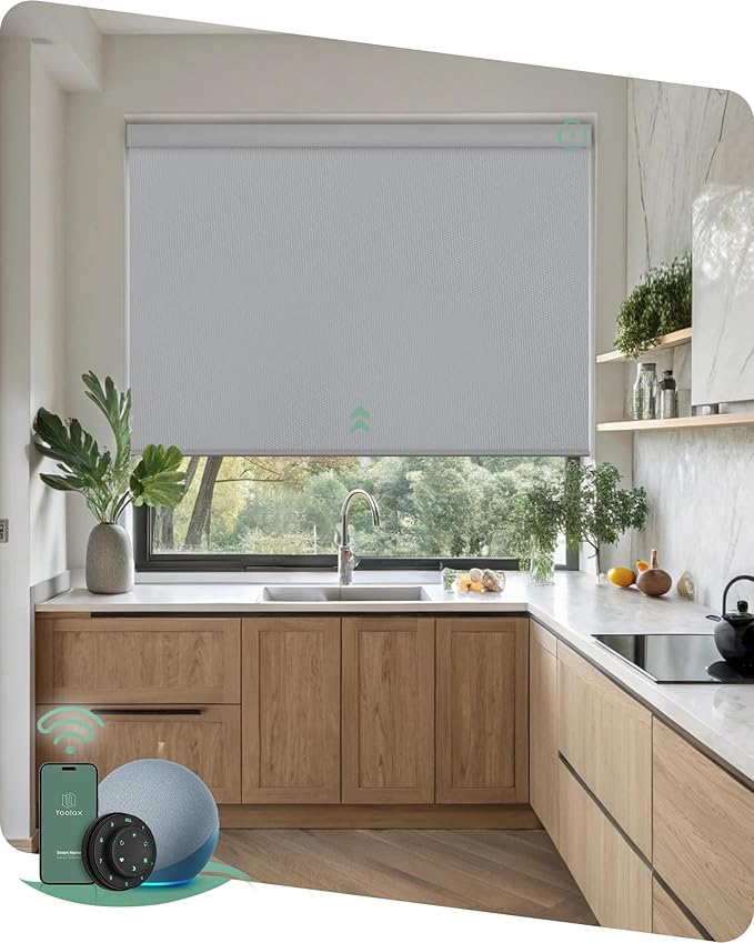 Yoolax Motorized Blinds with Remote, 100% Blackout Smart Blinds, Waterproof Motorized Shades Work with Alexa, Google, Apple Homekit, Custom Electric Shades Voice Control (Vinyl Light Gray)