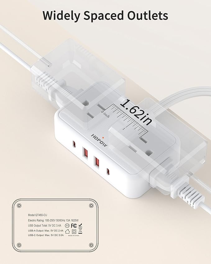 HOPOW Short Extension Cord 0.5FT, Flat Plug Outlet Extender with 4 Outlets & 4 USB Ports(2 USB C), No Surge Protector for Cruise Ship, Multiple Outlet Small Power Strip for Home Office Travel