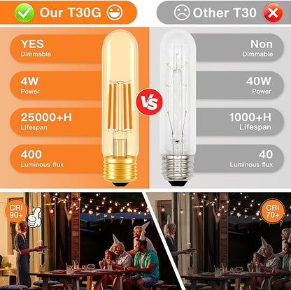 ToBeGreat T30 Light Bulbs 4 Watt Equivalent 40W Bulb E26 Tubular Bulbs T10 Amber LED Bulb Warm White 2200K Chandelier Desk Lamp Kitchen Bedbroom Bathroom,Dimmable,2 Pack