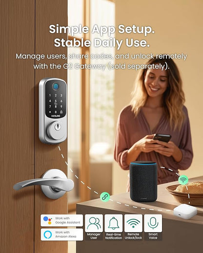DESLOC B200 Fingerprint Smart Lock with 2 Lever Handles, Keyless Entry Front Door Lock Set, Electronic Keypad Deadbolt, App Control, Auto Lock, Long Battery Life,Silver