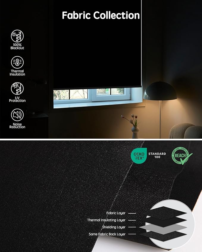 Yoolax Motorized Blinds with Remote, 100% Blackout Smart Roller Shades Work with Alexa, Google, Apple Homekit, Custom Automatic Shades with Voice Control for Bedroom Office (Fabric Black)