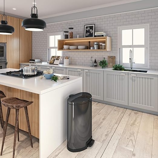 Home Zone Living 12 Gallon Semi-Round Kitchen Trash Can with Soft Close Lid, Step Pedal, Bag Tuck Band, and Removable Liner, Black