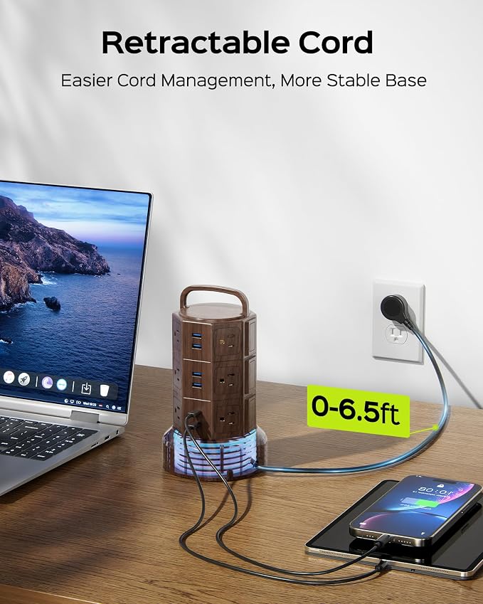JACKYLED Power Strip Tower Surge Protector, 12 AC 6 USB (2 USB C), 1050J | 6.5Ft Retractable Extension Cord with Multiple Outlets, 1625W/13A Outlet Extender, USB Charging Station for Home Office Dorm