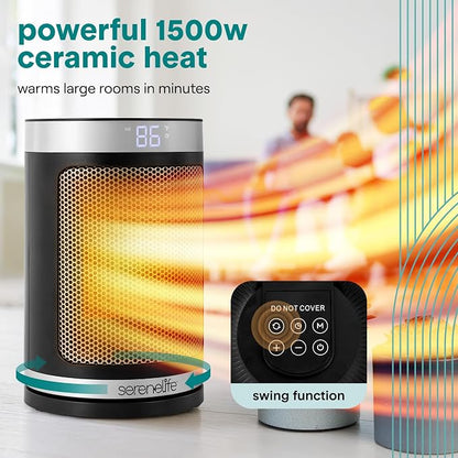 SereneLife Smart Space Heater – 1500W Indoor Electric Heater with Thermostat, Remote Control, 12-Hour Timer, Wi-Fi Enabled PTC Ceramic Heating for Home and Office, Black (5.9" x 5.9" x 9.5")