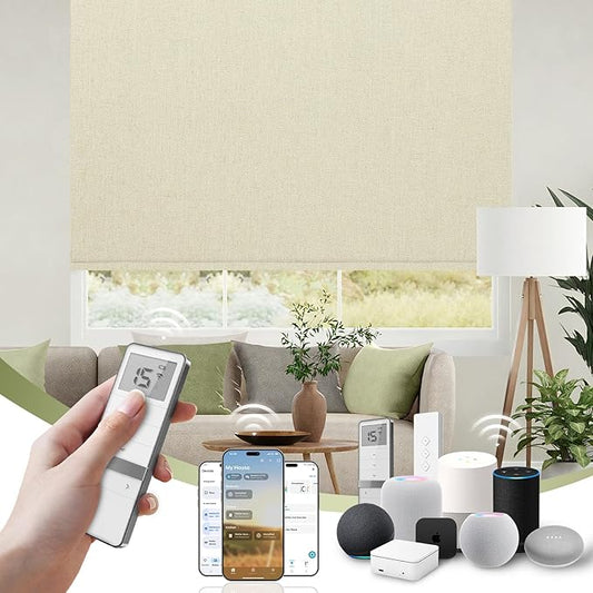 FineTell Motorized Blinds with Remote, 100% Blackout Roller Shades Compatible with Alexa,Apple Homekit,Google Home APP and Voice Control, Customized Electric Blinds (100% Blackout Dual Sided Beige)