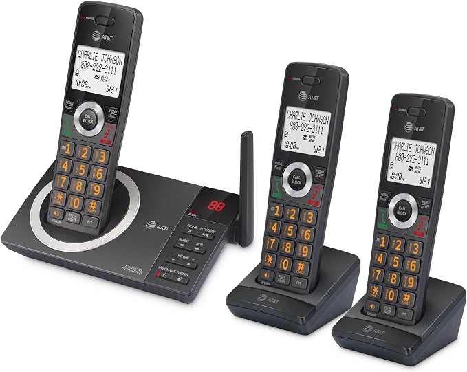 AT&T CL82318 3-Handset Expandable DECT 6.0 Cordless Phone, Charcoal Black | Large Display, Big Buttons, Answering Machine, Smart Call Blocker, Long Range