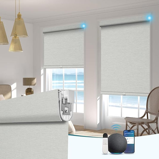 BERISSA Smart Motorized Blinds with Remote,No Drill Automatic Roller Blinds for Indoor Windows,Blackout Jacquard Fabric,Electric Shades for Windows Home Office,Jacquard Grey,Custom Size
