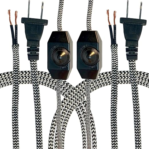 Royal Designs, Inc. Lamp Cord Molded Plug with Dimmer Switch, Stripped Ends Ready for Wiring, 8 ft Long, Black/White, SPT-1 UL Listed, Set of 2 (CO-5001D-BLK/WH-8-2)