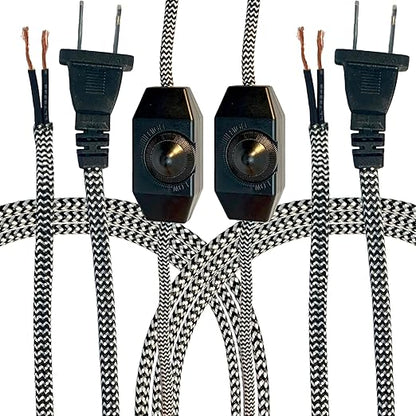 Royal Designs, Inc. Lamp Cord Molded Plug with Dimmer Switch, Stripped Ends Ready for Wiring, 8 ft Long, Black/White, SPT-1 UL Listed, Set of 2 (CO-5001D-BLK/WH-8-2)