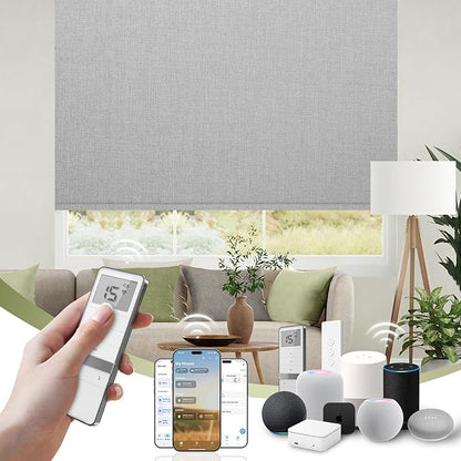 FineTell Motorized Blinds with Remote, 100% Blackout Roller Shades Compatible with Alexa,Apple Homekit,Google Home APP and Voice Control, Customized Electric Blinds (100% Blackout Dual Sided Grey)
