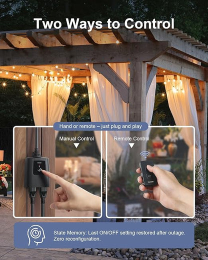 Outdoor Remote Control Outlet with 2 Portable Magnetic Switches
