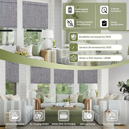 FineTell Motorized Blinds with Remote, 100% Blackout Roller Shades Work with Alexa,Apple Homekit,Google Home APP and Voice Control, Customized Electric Blinds (100% Blackout Dual Sided Dark Grey)