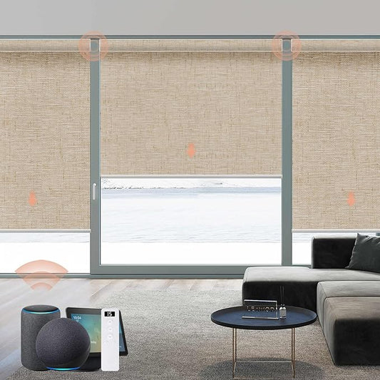 Motorized Blinds Roller Shade with Remote: Canisteo Automatic Smart Blind for Windows 100% Blackout, Electric Blinds Compatible with Alexa/Google Home/Apple Homekit, Customized Size,Linen Caramel