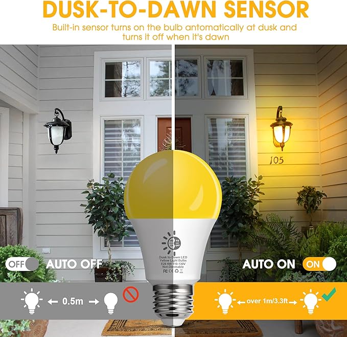 Flaspar Dusk to Dawn LED Yellow Bug Light Bulbs Outdoor, A19 6W Bug Lights for Outside, 40W Equivalent, Non-Attracting, E26 Base, Ideal for Photocell Sensor Porch Patio, Deck, Backyard, 2 Pack