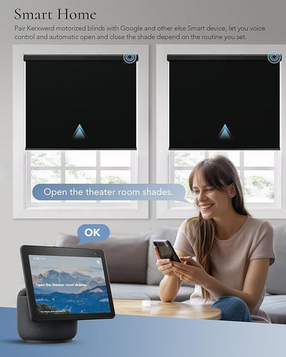 Motorized Blinds Compatible with Alexa Google Custom to 115" Width 100% Blackout Smart Blind Automatic Large Window Roller Shades Remote Control Vinyl Black
