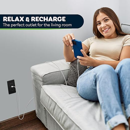 TOPGREENER 4.2A 3-Port Type C USB Outlet, 15 Amp Receptacle Plug, Charging Power Outlet with Dual Type C&A Ports, Screwless Wall Plate Included, UL Listed, TU21542AC2-BKSID, Black