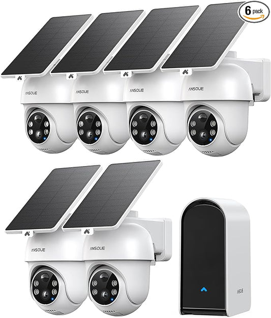 ANSQUE Security Cameras Wireless Outdoor Home System, 6 Camera Kit, No Subscription Fees, Solar Powered, Local Storage, 365-Day Battery Life, 360°PTZ Surveillance, Auto Tracking, 2K Color Night Vision