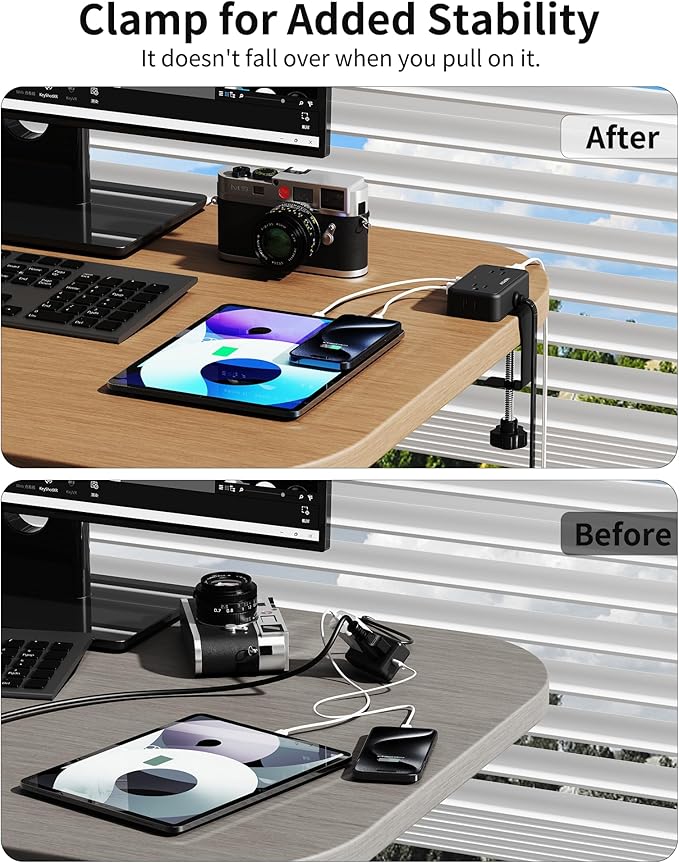 HOPOW Desk Clamp Power Strip, Desktop Mount Charging Station with 4 Outlets 4 USB Ports (2 USB C), 6Ft Under Desk Power Strip, Fits 2.75" Tabletop Edge, Extension Cord for Home Office, Black