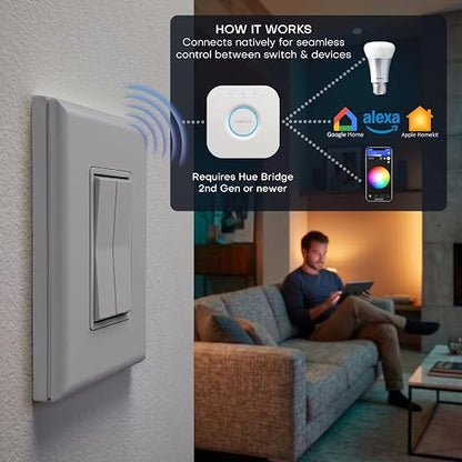 RunLessWire Click for Hue Battery-Free Wireless Smart Switch 2 Pack Gray | Dimmable Kinetic Switch Pairs Natively to Philips Hue Bridge, 4 Programmable Buttons to Control Scenes & Areas, 100ft Range
