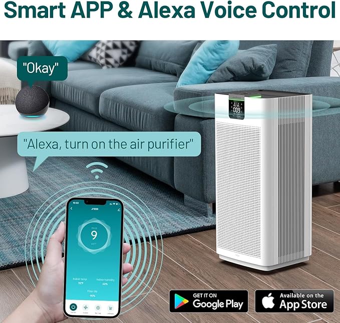 Smart Air Purifiers for Home Large Room Office Up to 4575 ft², APP & Alexa, Dual HEPA & Carbon Air Filter, Quiet Large Air Purifier for 99.97% Dust Pollen Smoke Pet Dander Allergies Odors VOCs, JF999