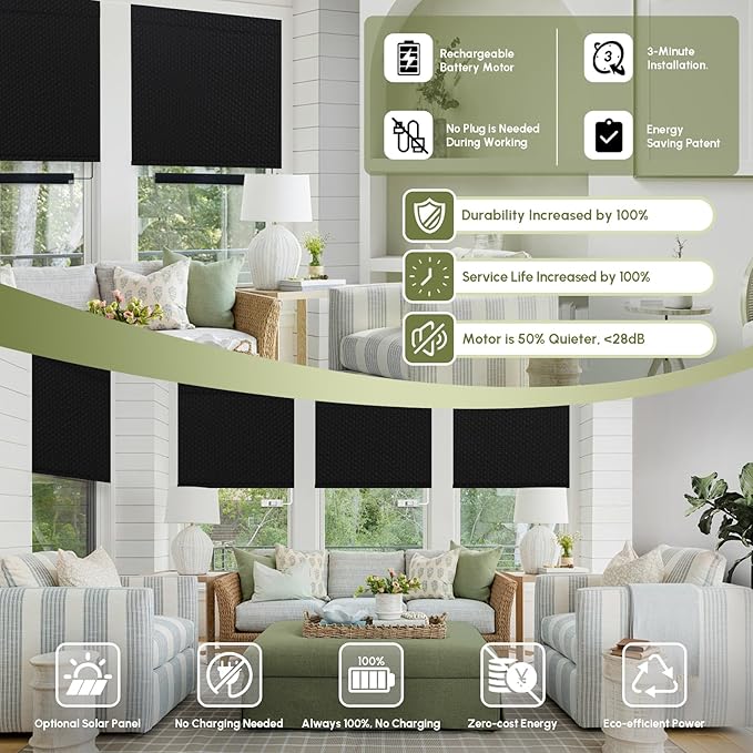 FineTell Motorized Blinds with Remote, 100% Blackout Roller Shades Compatible with Alexa,Apple Homekit,Google Home APP and Voice Control, Customized Electric Blinds (100% Blackout Pure Black)
