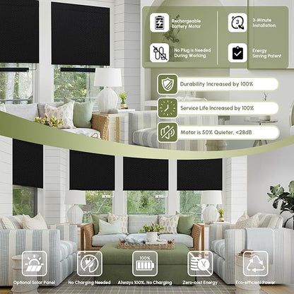 FineTell Motorized Blinds with Remote, 100% Blackout Roller Shades Compatible with Alexa,Apple Homekit,Google Home APP and Voice Control, Customized Electric Blinds (100% Blackout Pure Black)