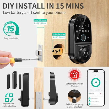 Smart Locks for Front Door: Electronic Keypad Deadbolt with Camera 1080p HD Night Vision & Built-in WiFi & Remote App Control Keyless Entry Digital Fingerprint Door Lock