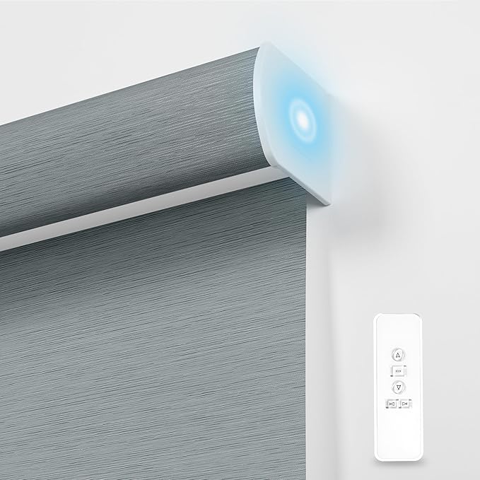 BERISSA Motorized Blinds with Remote,Blackout Smart Blinds for Windows,Jacquard Fabric,Remote Control,Thermal Insulated Automatic Blinds,Electric Blinds with USB/Solar Pannel.Blue Grey