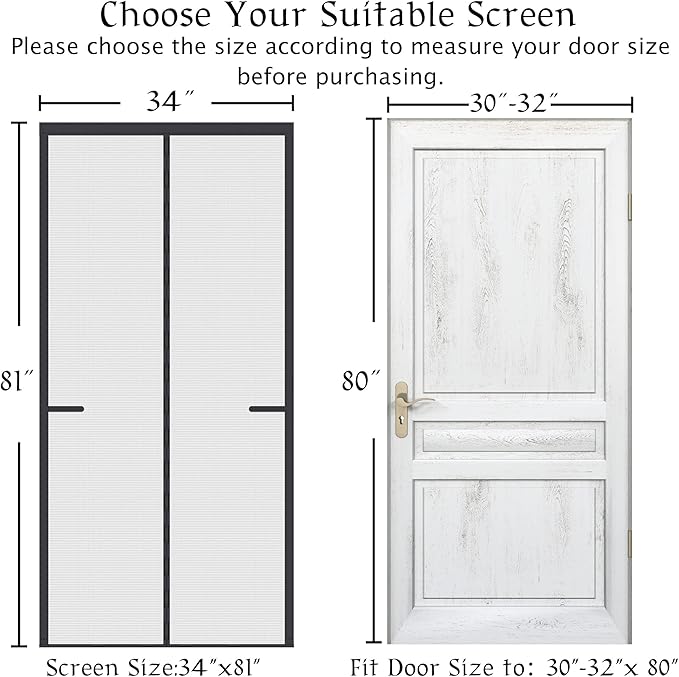 Upgraded Magnetic Screen Door Thicker 250g/m² Reinforced Mesh,36 Longer Magnets,Door Screen Magnetic Closure for Single Door,Screen Size 34 x81 Inch,Fit Doors to 32 x 80 Inch