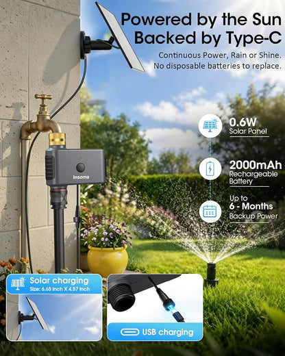 Insoma Solar WiFi Water Timer for Garden, 365-Day Power, Brass Inlet | Solar Panel+Type-C Dual Power, APP&Voice Control, Alexa/Google Compatible, Rain Delay+Manual Mode, WiFi Direct, 2.4GHz, IPX6
