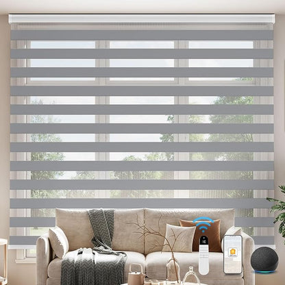 Interior Window Shades, Smart Dual Layer Light Filtering Blinds Compatible with Alexa & Google Home, Customized Size Cordless Electric Window Shades, (Gray, 70% Blackout)